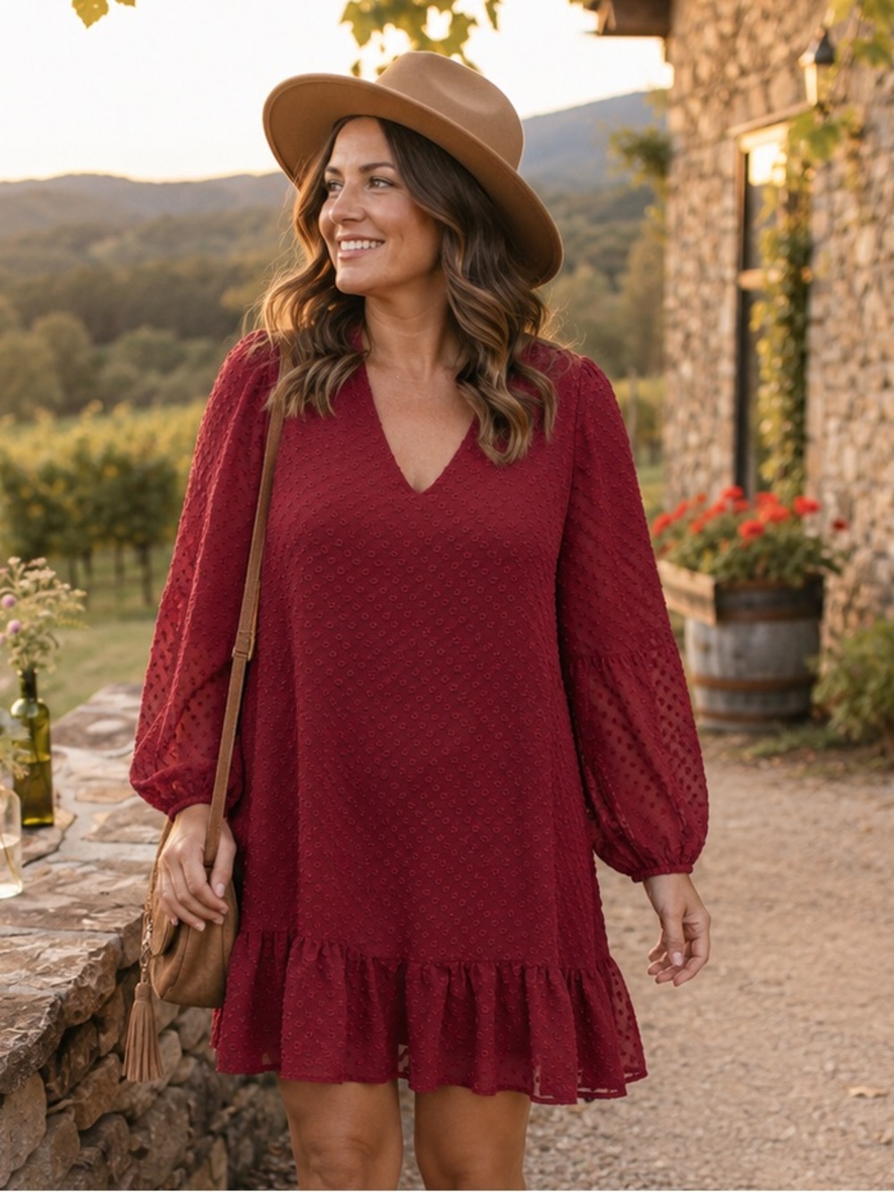 Arula Burgundy Swiss Dot Mini Dress Women L Wine V-Neck Balloon Sleeve Ruffle